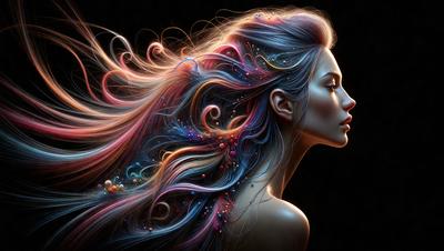 The primary subject of the image is a woman with long, colorful hair. She has a pink and blue color scheme, and her hair is blowing in the wind. The setting is a dark background, which adds to the dramatic atmosphere of the scene. The visual style is a digital art or illustration, showcasing the woman's beauty and the vibrant colors of her hair. The overall mood of the image is one of elegance and grace, with the woman's long hair and striking color palette